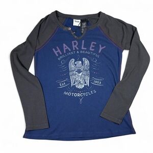 Harley Davidson Long Sleeve Graphic Tee Y2K Top Size Medium Blue Black Cotton
